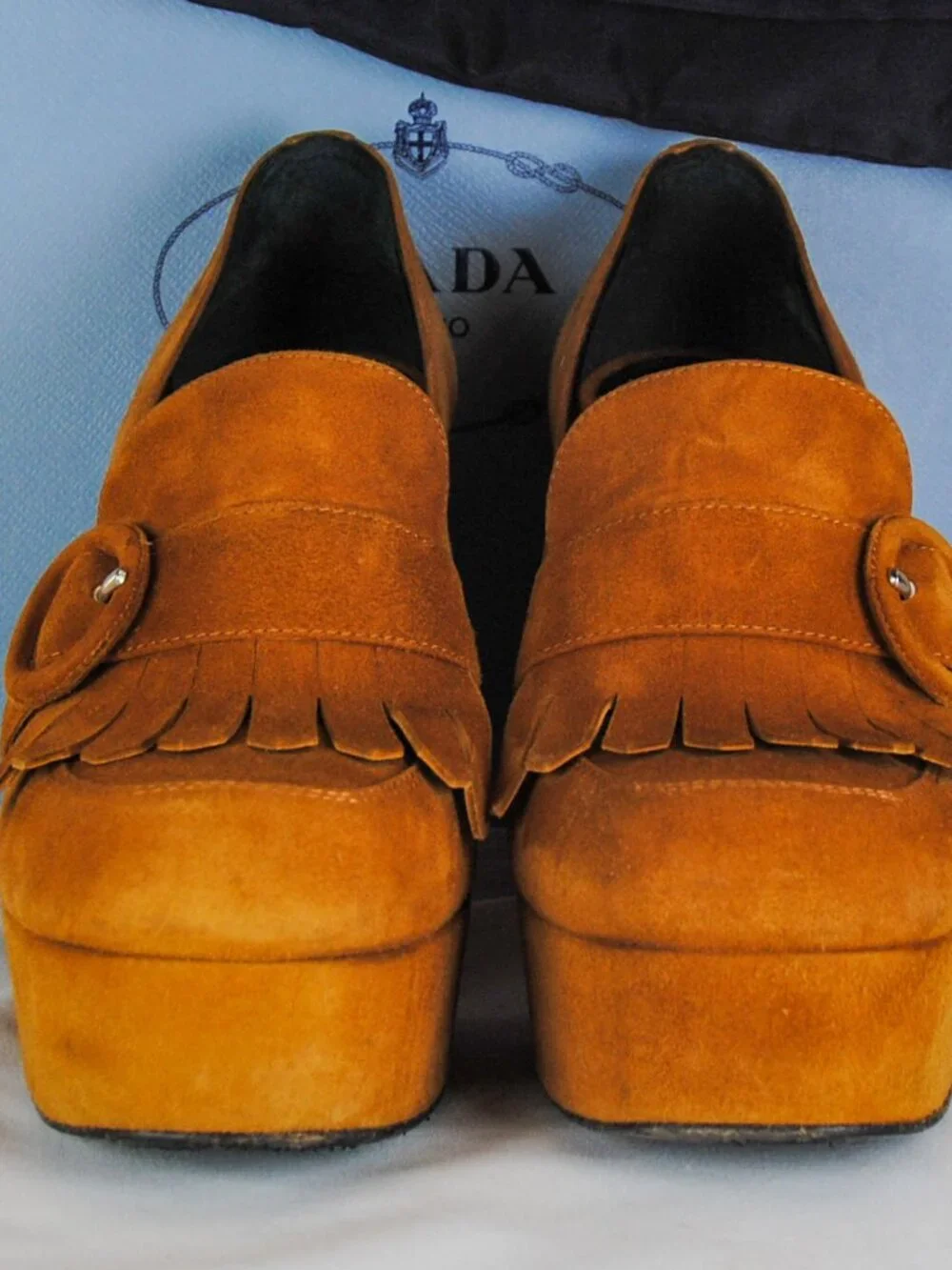 Prada Caramel Suede Fringe Platform Loafers Size 37.5
